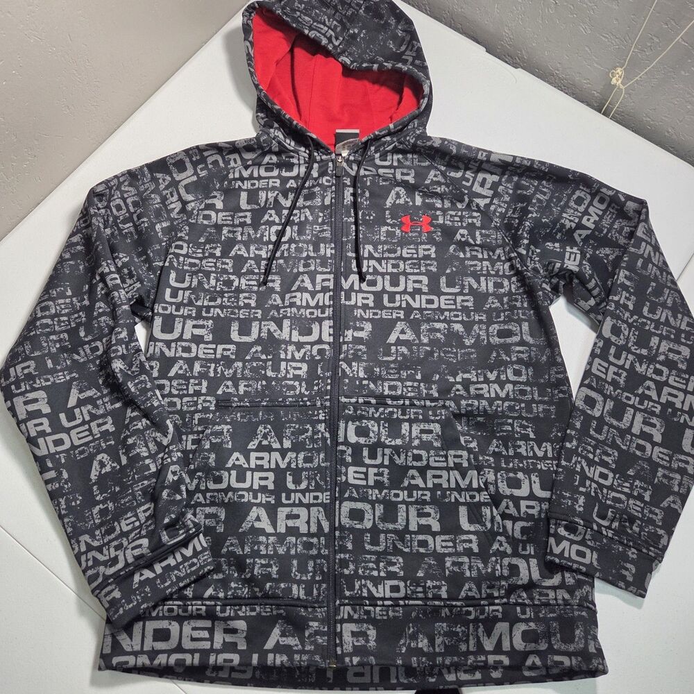 Under Armour Full Zip Hoodie Jacket Mens Medium Black Red AOP Spellout